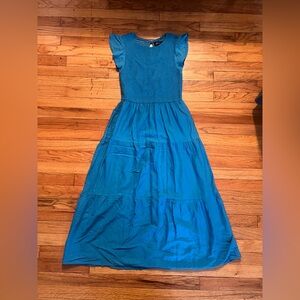 Blue Ruffle Sleeve Midi Dress